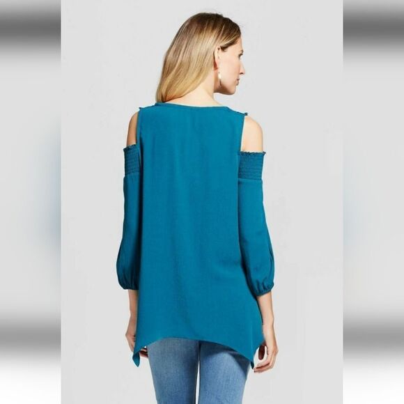KNOX ROSE TEAL COLD SHOULDER 3/4 SLEEVE V NECK ASYMETRICAL TUNIC TOP SIZE S - Picture 2 of 10
